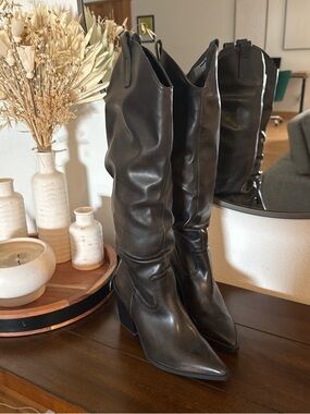 DSW Black Pointed-Toe Knee-High Leather Heeled Boots